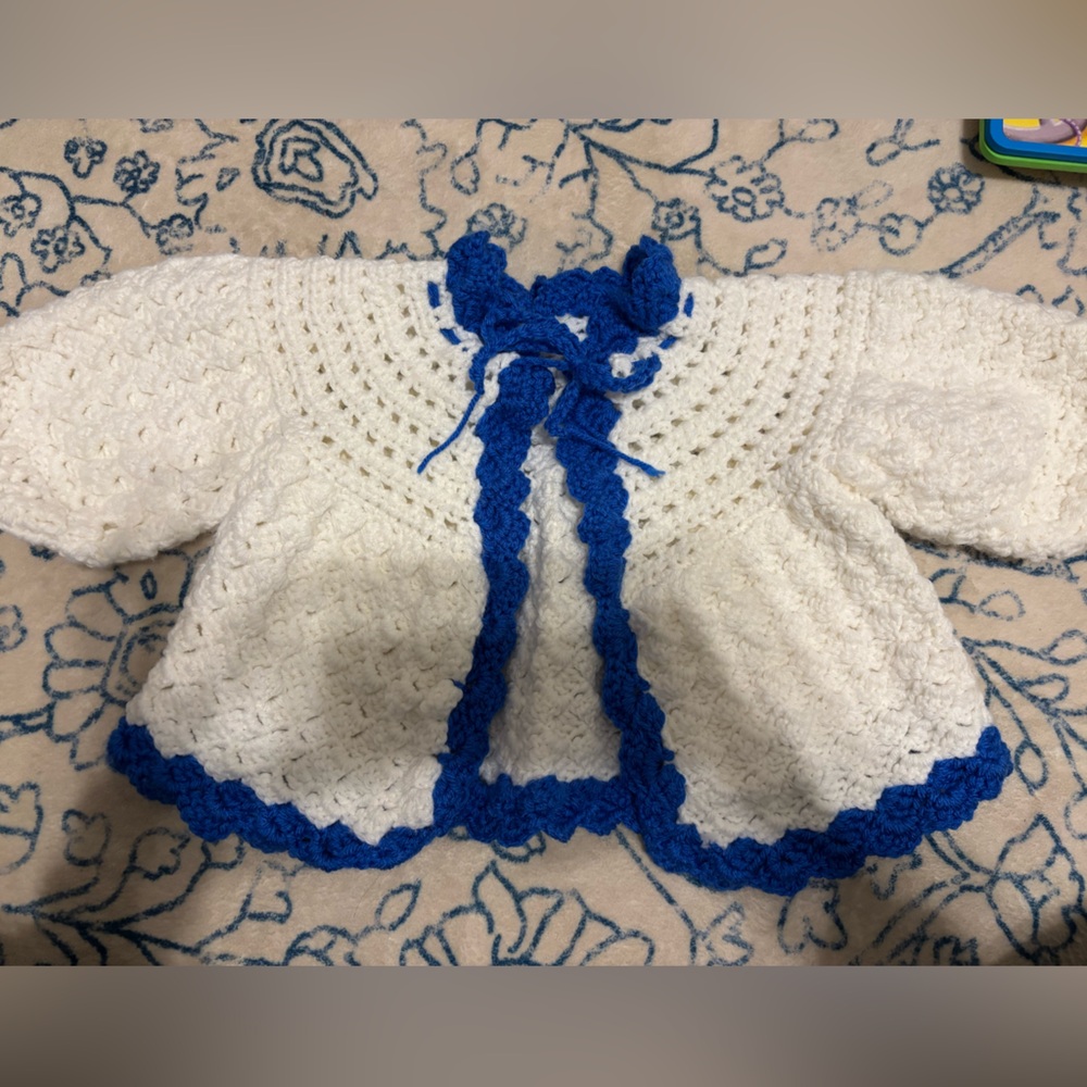 Handmade White and Blue Crochet Baby Sweater